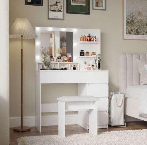 White Makeup Vanity Desk with LED Mirror, Storage Shelves and Stool
