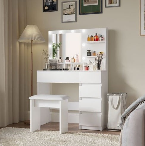 White Makeup Vanity Desk with LED Mirror, Storage Shelves and Stool