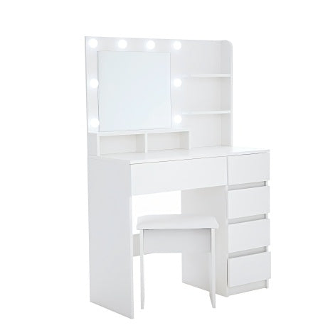 White Makeup Vanity Desk with LED Mirror, Storage Shelves and Stool