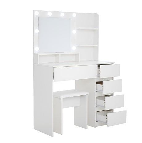 White Makeup Vanity Desk with LED Mirror, Storage Shelves and Stool