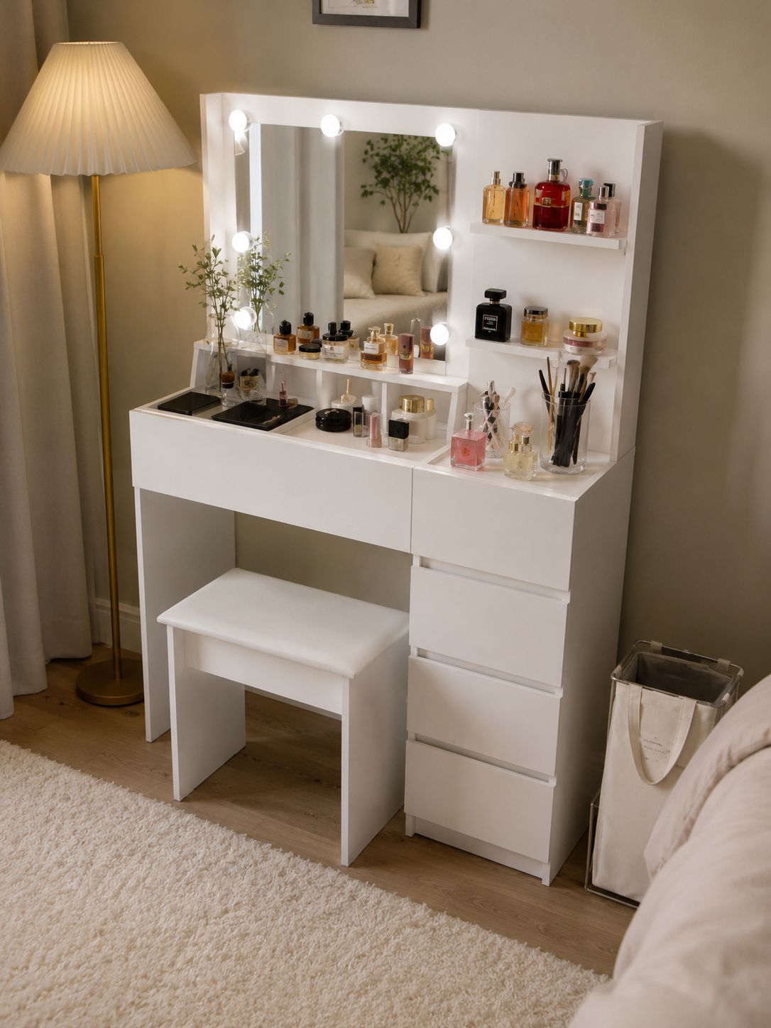 White Makeup Vanity Desk with LED Mirror, Storage Shelves and Stool