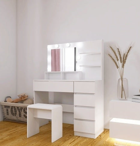 White Makeup Vanity Desk with LED Mirror, Storage Shelves and Stool