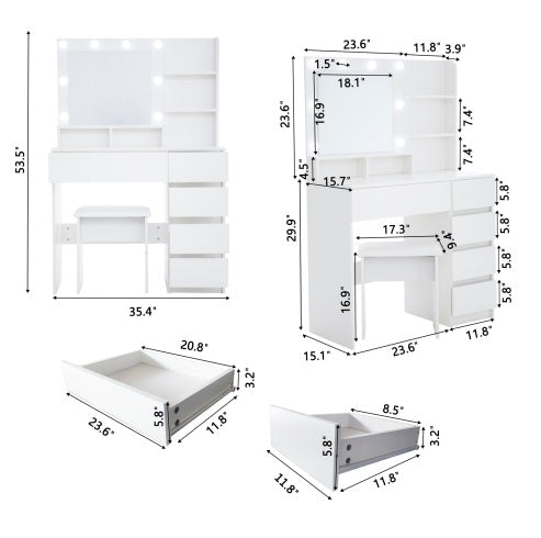White Makeup Vanity Desk with LED Mirror, Storage Shelves and Stool