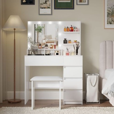 White Makeup Vanity Desk with LED Mirror, Storage Shelves and Stool